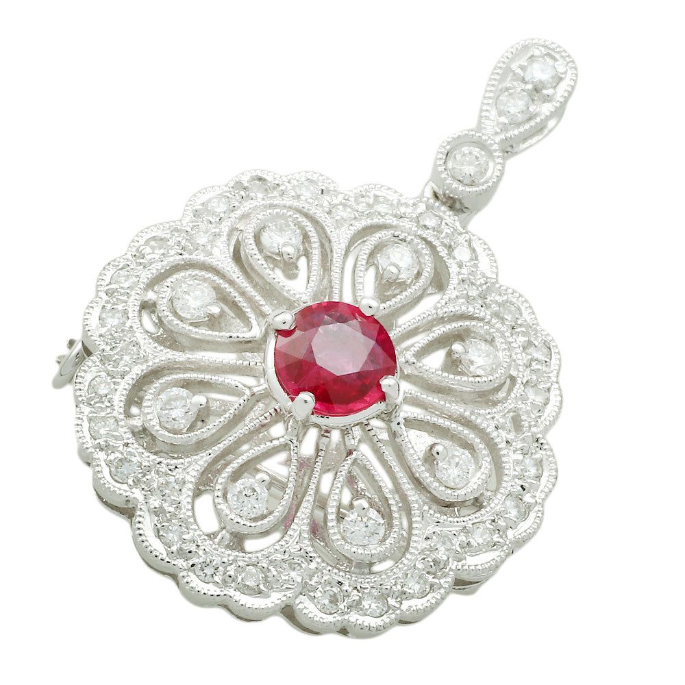 K18 Ruby Pendant Brooch with Melee Diamonds, 0.43ct Ruby, 0.42ct Diamonds