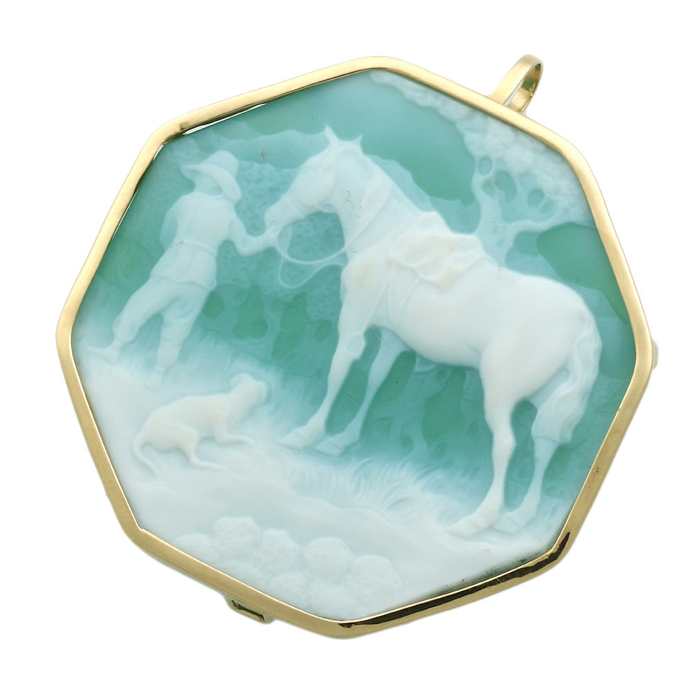 K18YG Chalcedony Horse Pendant Brooch, Yellow Gold, 12.7g