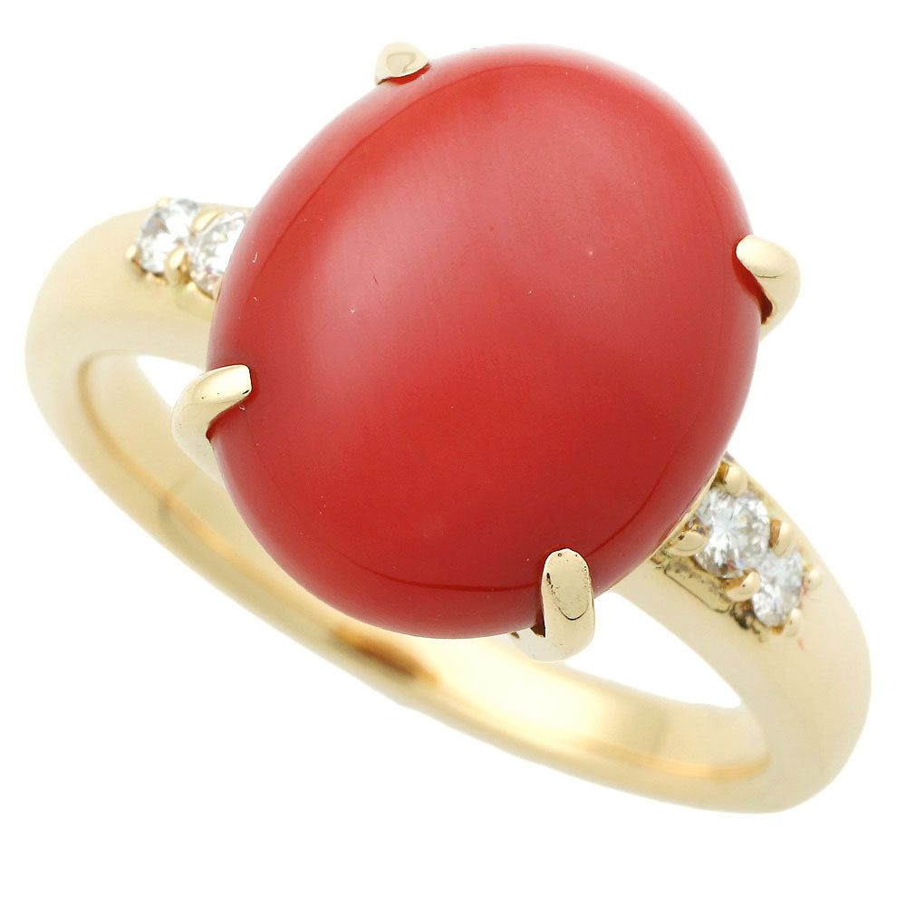 K18YG Coral Ring with Melee Diamonds, Size 14 in Excellent Condition