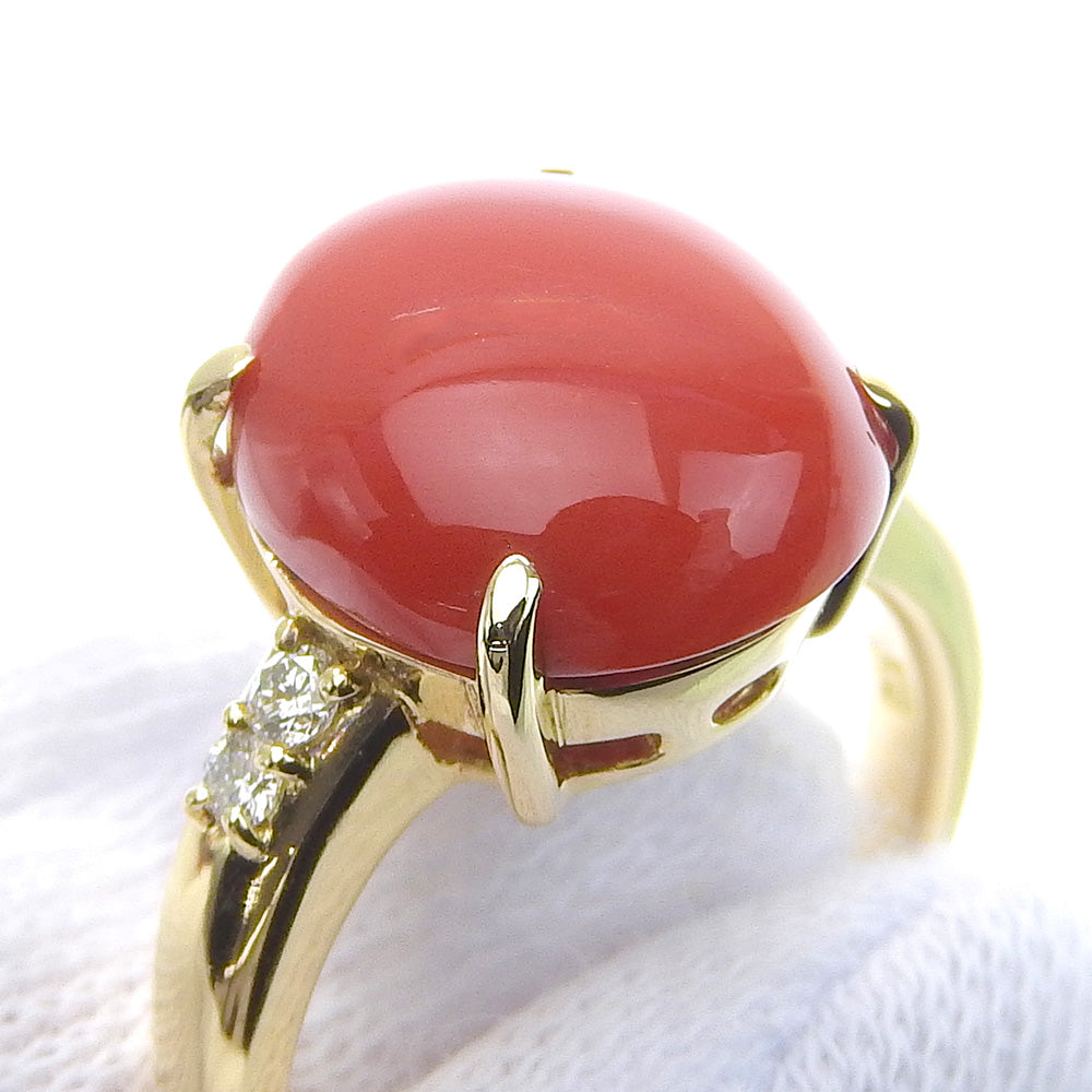 K18YG Coral Ring with Melee Diamonds, Size 14