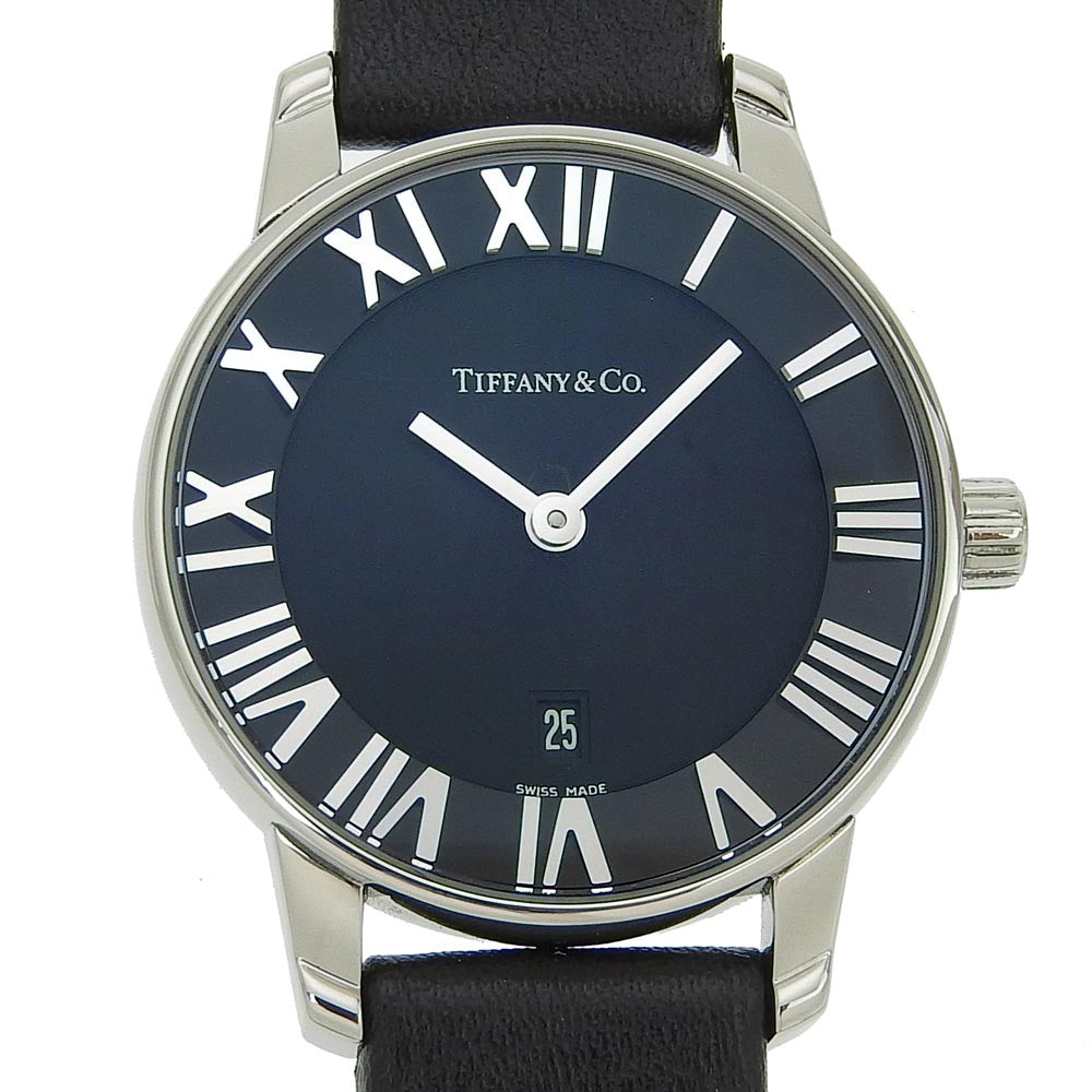 Tiffany & Co Atlas Dome Quartz Black Dial SS Leather Watch in Excellent Condition