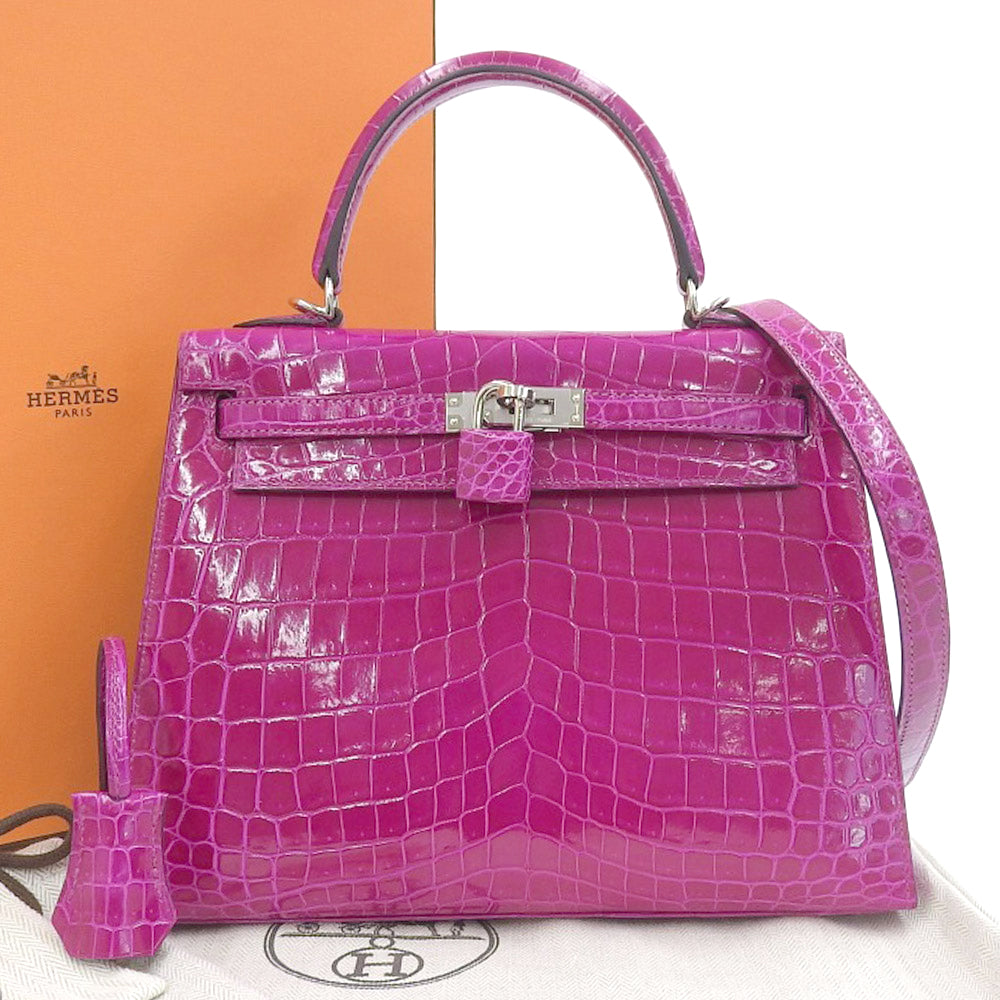 Hermes Kelly 25 Crocodile 2-Way Bag Rose Purple Silver Hardware