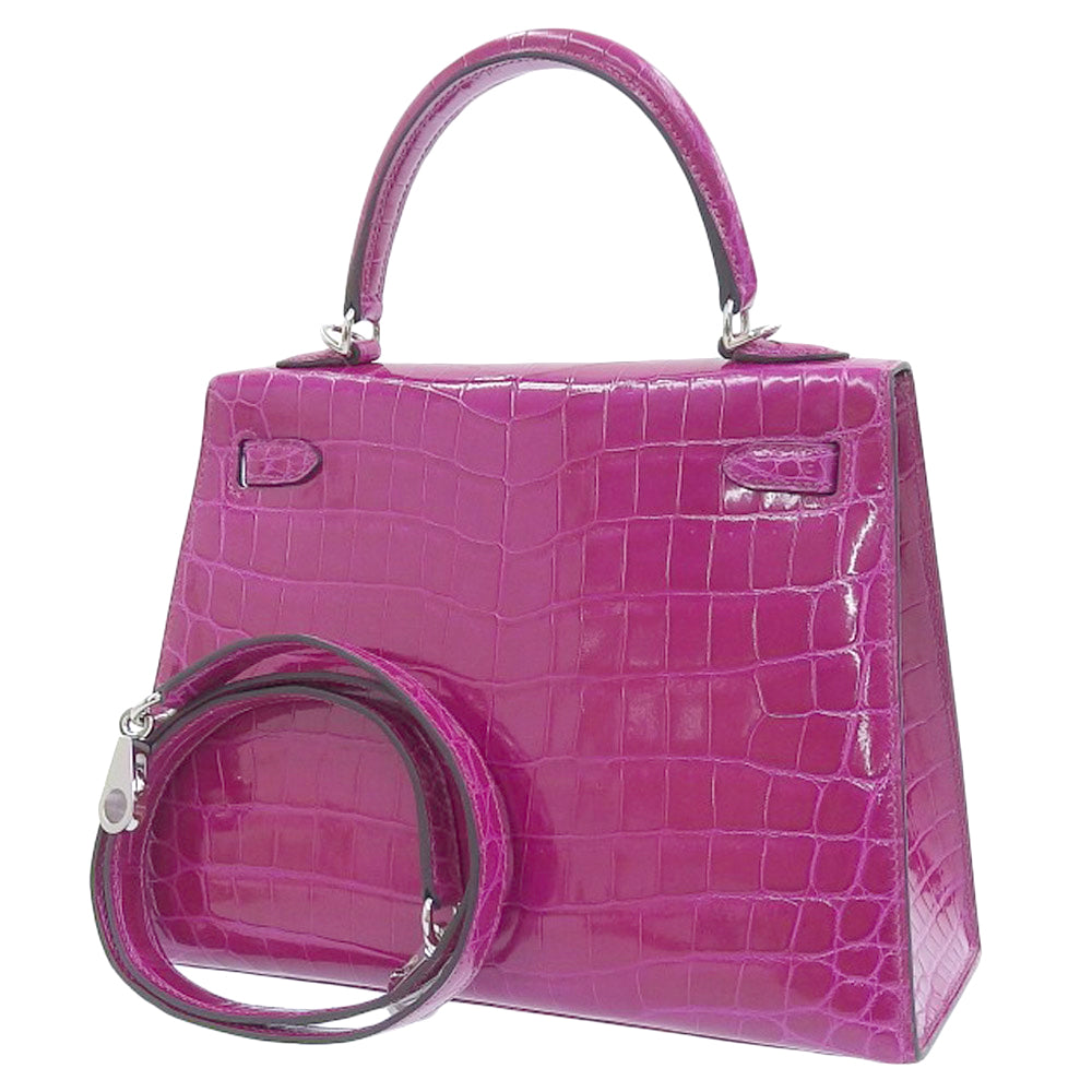 Hermes Kelly 25 Crocodile 2-Way Bag Rose Purple Silver Hardware