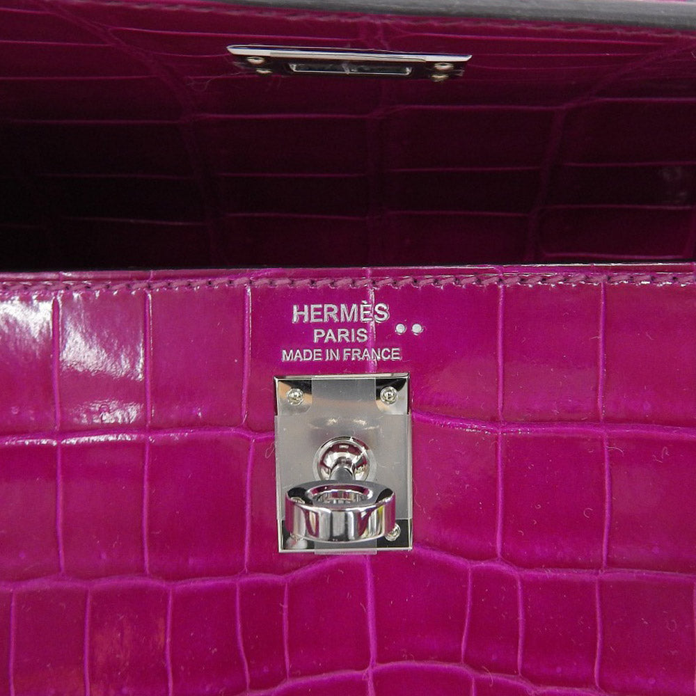 Hermes Kelly 25 Crocodile 2-Way Bag Rose Purple Silver Hardware