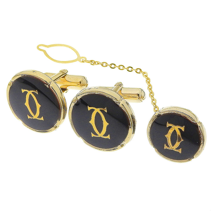 Cartier Logo Cufflinks & Tie Pin Set Gold Black Vintage in Very Good Condition