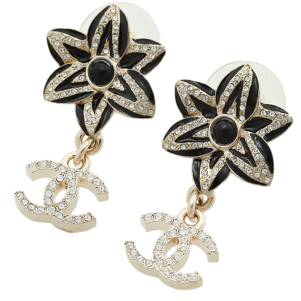 Chanel Flower Motif Earrings with Black Stone and Rhinestones in Excellent Condition