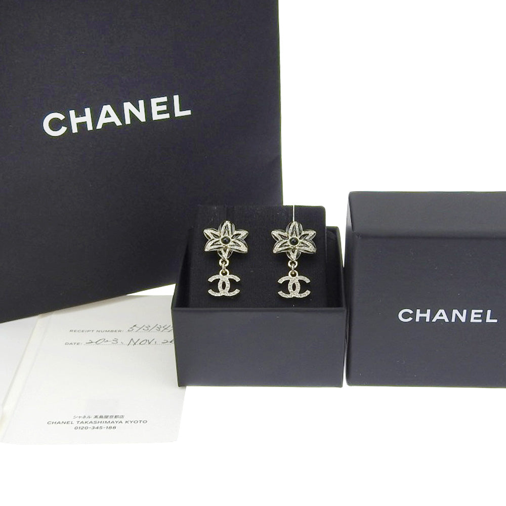 Chanel Flower Motif Earrings with Black Stone and Rhinestones in Excellent Condition