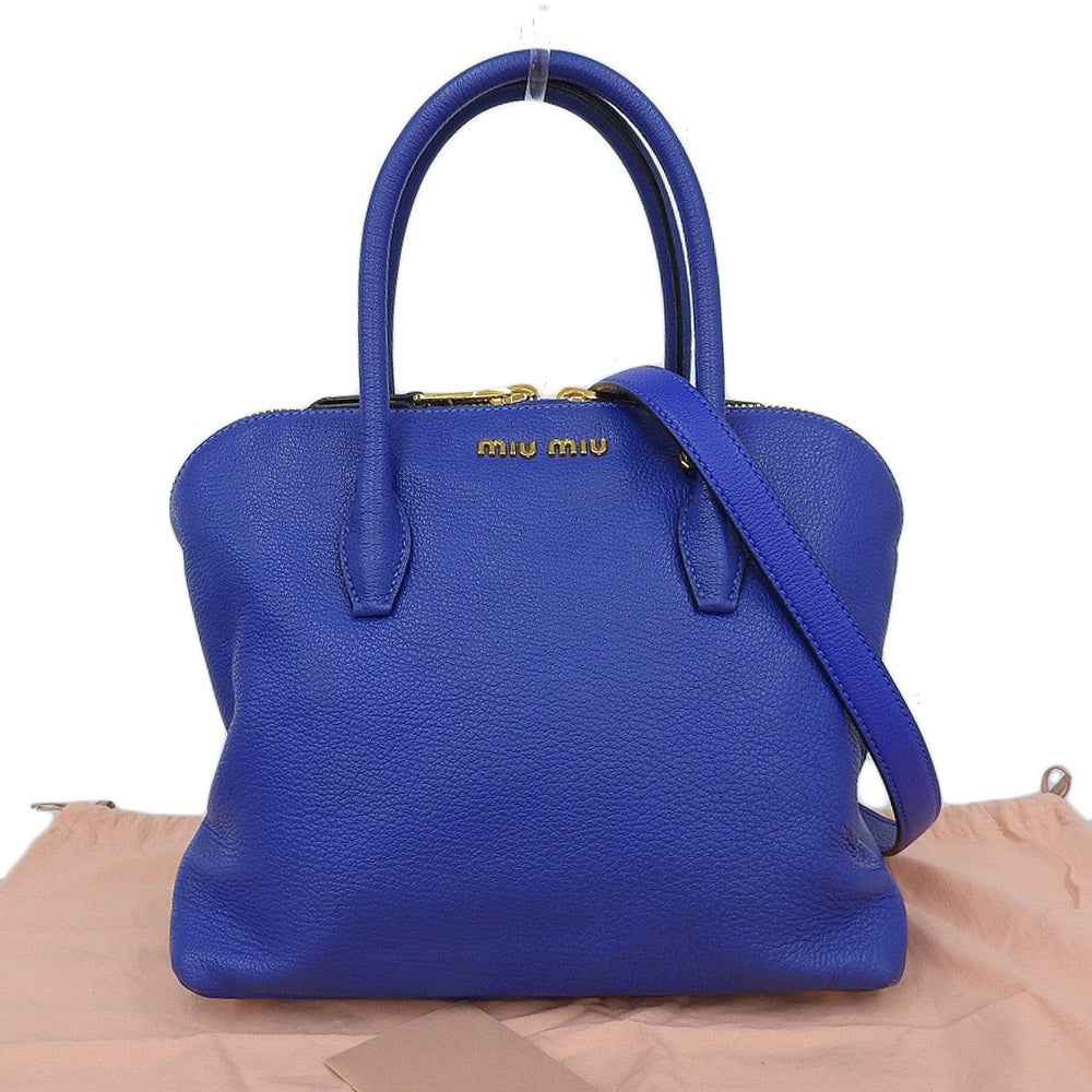 Miu Miu Madras Leather 2-Way Handbag Blue RL0097 in Great Condition