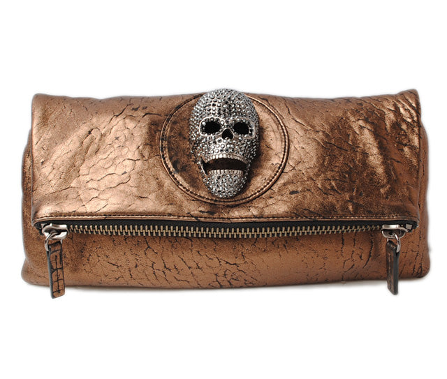 THOMAS WYLDE Leather Clutch Bag with Skull and Rhinestones in Pristine Condition