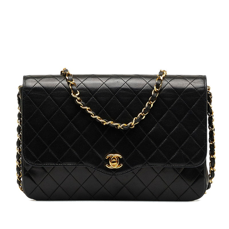 Chanel Matelasse Single Chain Shoulder Bag Black Gold Lambskin