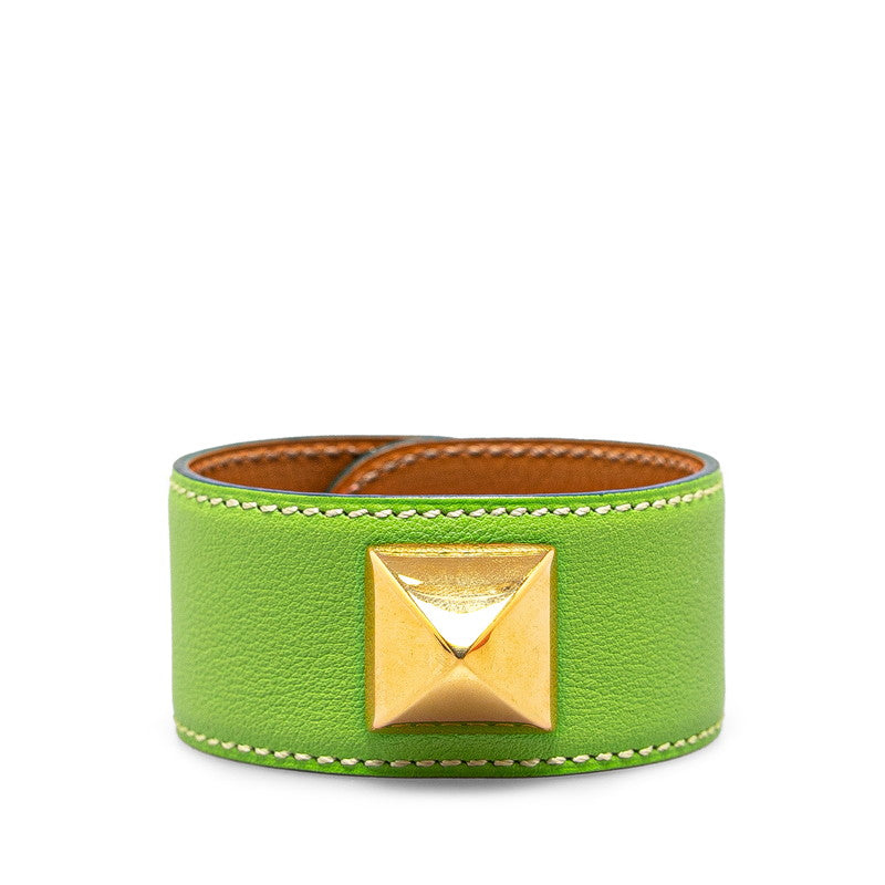 Hermes Medor Leather Bracelet Green Gold Plated in Very Good Condition