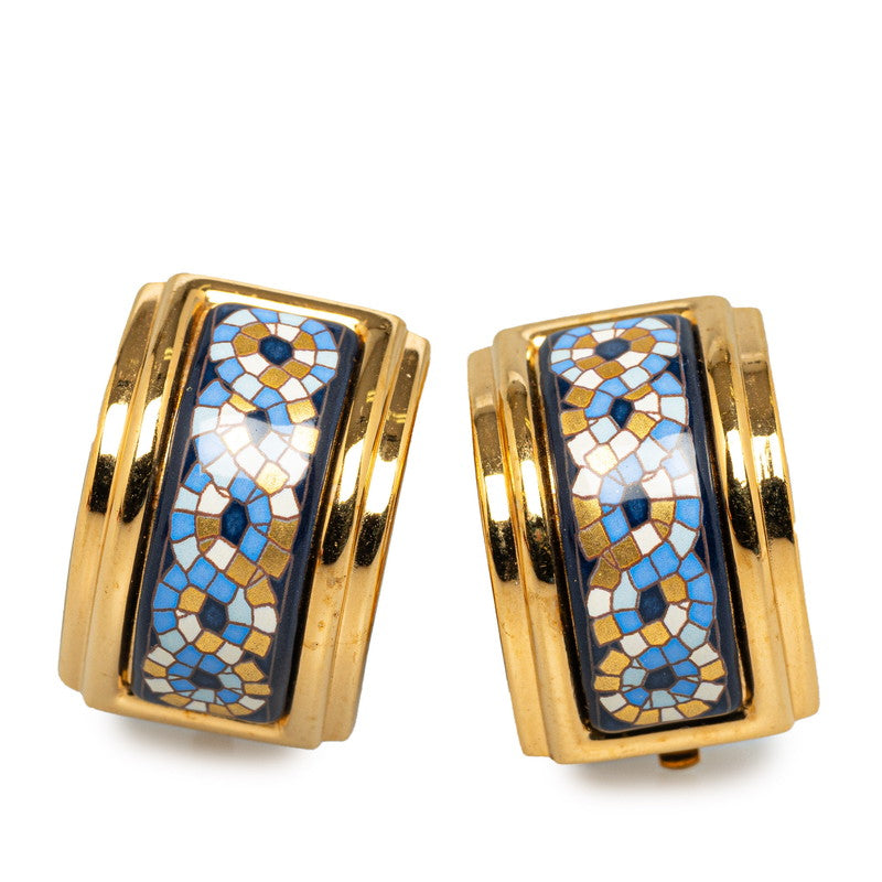 Hermes Enamel Patterned Clip-On Earrings Gold Blue