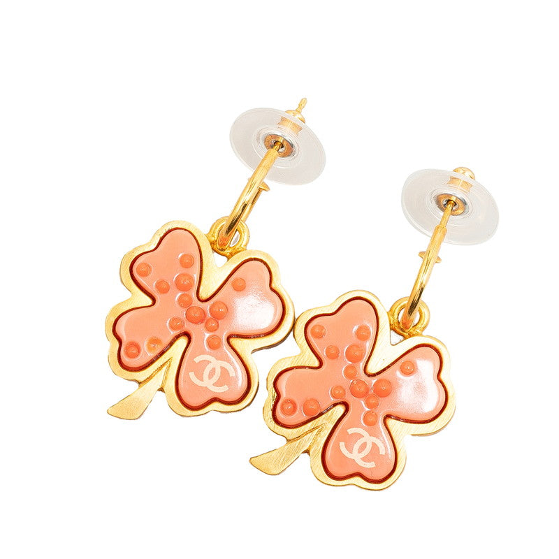 Chanel Coco Mark Clover Motif Swing Earrings Gold Pink in Great Condition