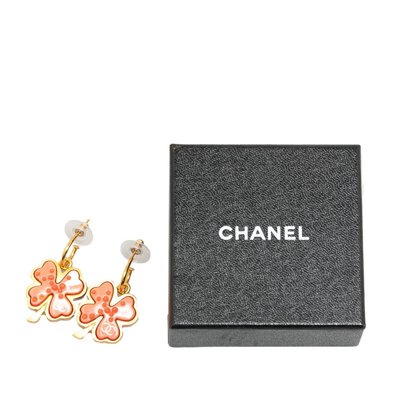 Chanel Coco Mark Clover Motif Swing Earrings Gold Pink in Great Condition