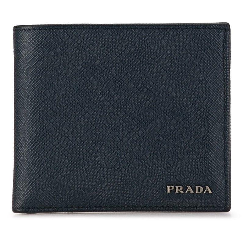 Prada Leather Logo Compact Bifold Wallet Navy in Great Condition