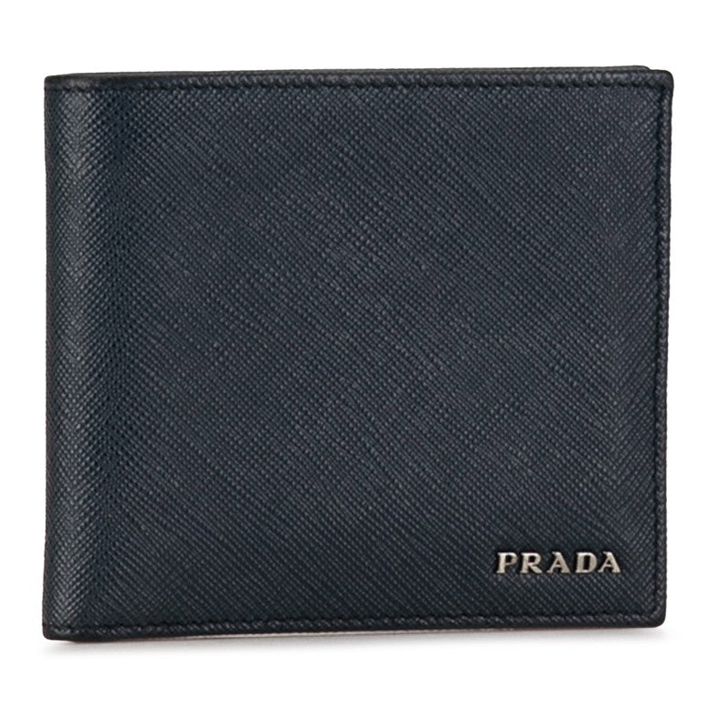 Prada Leather Logo Compact Bifold Wallet Navy in Great Condition