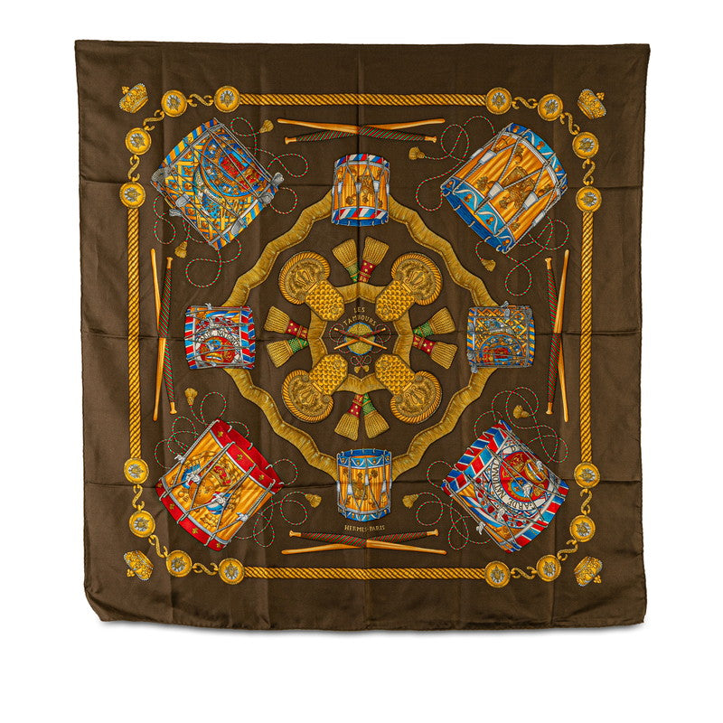 Hermes Silk Scarf LES TAMBOURS Brown Gold