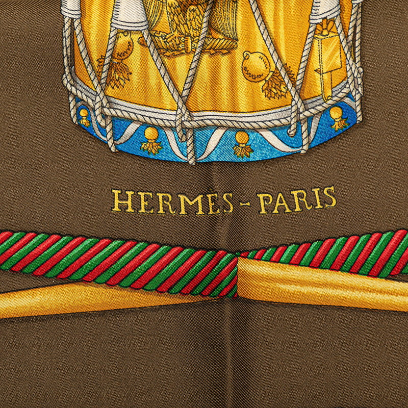 Hermes Silk Scarf LES TAMBOURS Brown Gold