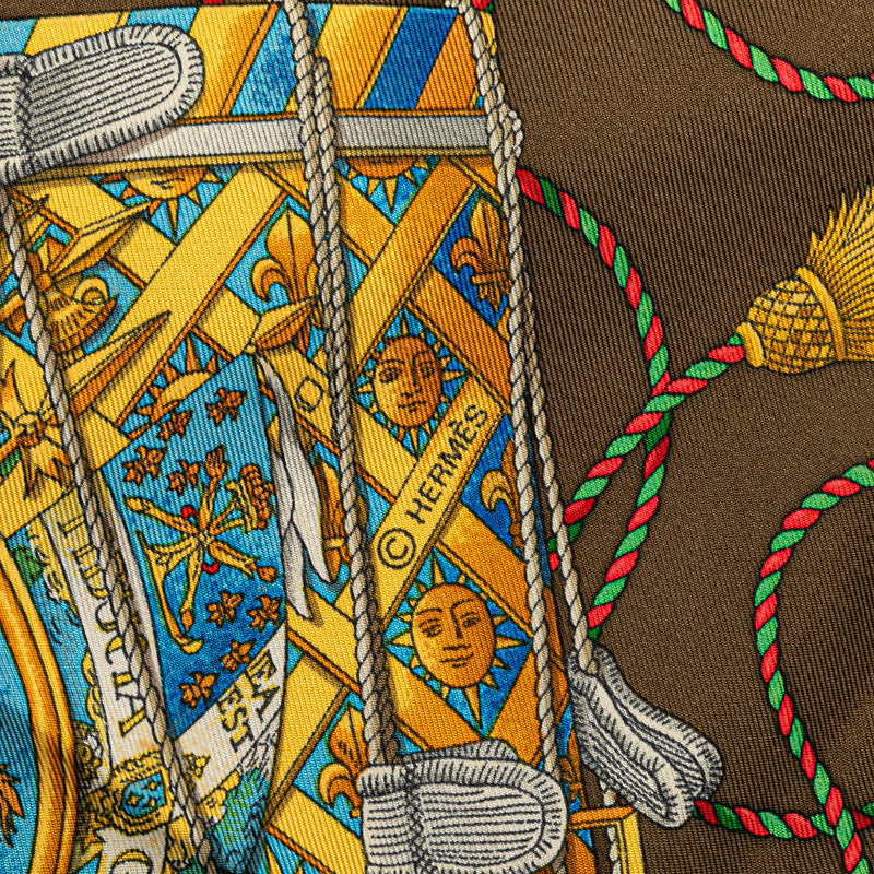 Hermes Silk Scarf LES TAMBOURS Brown Gold