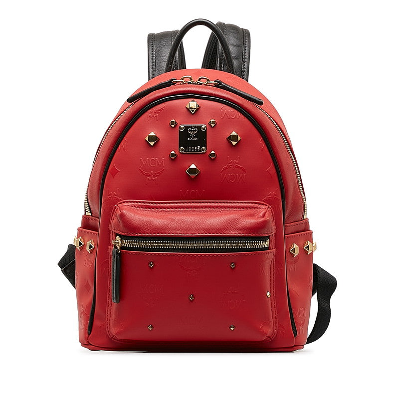 MCM Visetos Logo Studded PVC Leather Backpack Red in Very Good Condition