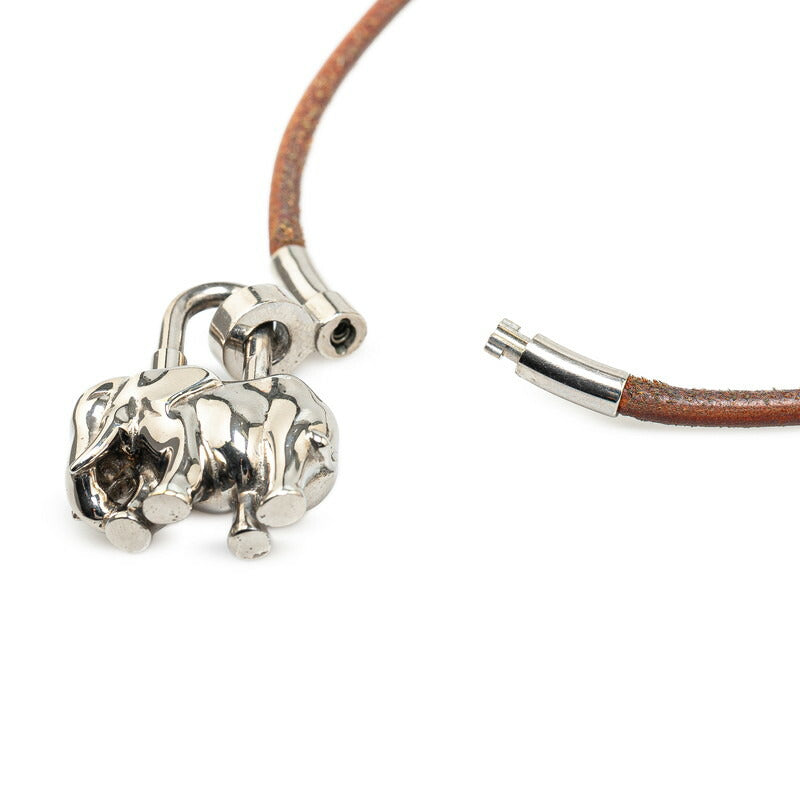 Hermes Elephant Cadena Necklace Silver Brown Metal Leather