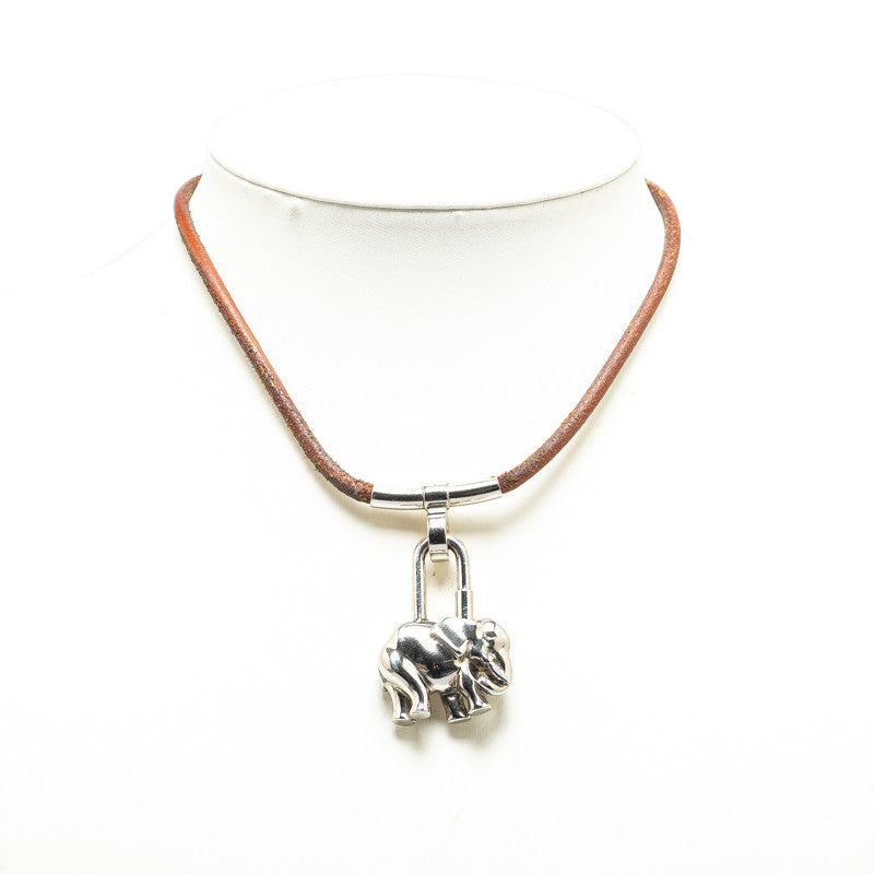 Hermes Elephant Cadena Necklace Silver Brown Metal Leather