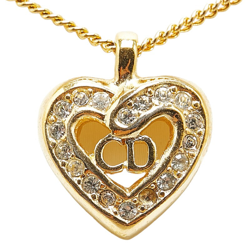 Dior Gold Plated CD Logo Heart Rhinestone Necklace in Very Good Condition