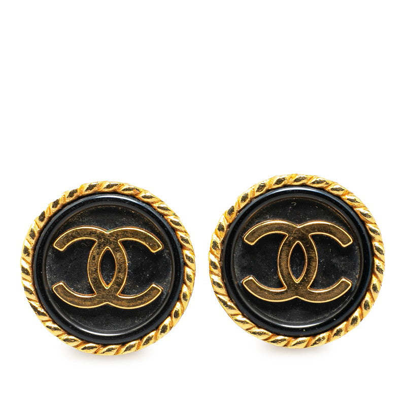 Chanel Vintage Coco Mark Round Earrings Gold Black Plastic in Very Good Condition