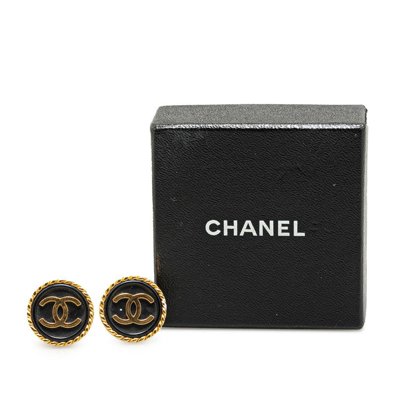 Chanel Vintage Coco Mark Round Earrings Gold Black Plastic in Very Good Condition