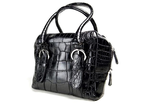 Used Matte Crocodile Leather Handbag Black in Very Good Condition