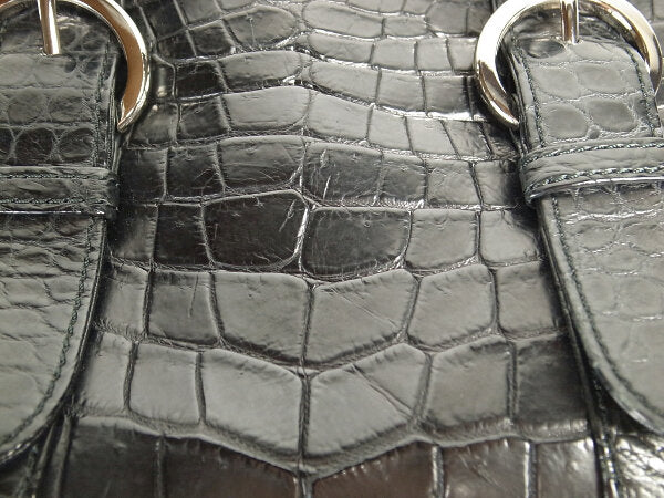 Used Matte Crocodile Leather Handbag Black