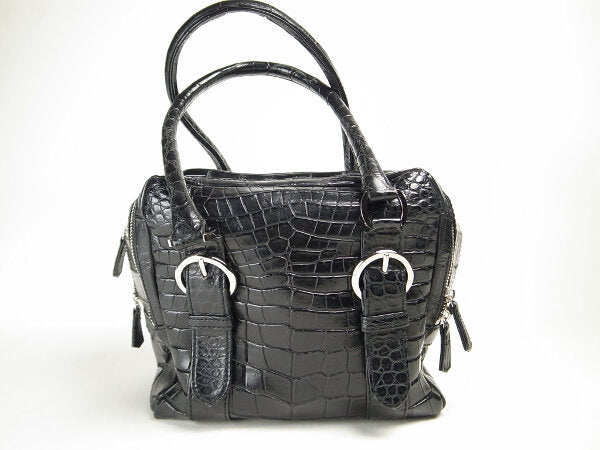 Used Matte Crocodile Leather Handbag Black