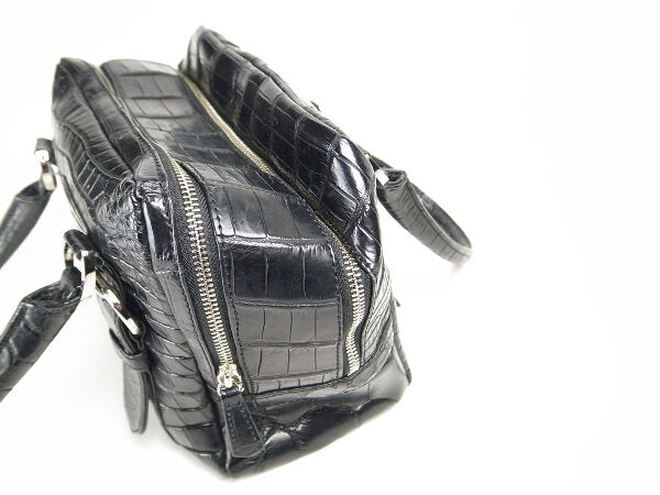 Used Matte Crocodile Leather Handbag Black