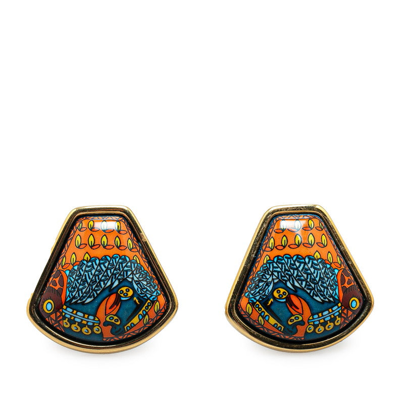 Hermes Enamel Earrings Gold Orange Multicolor