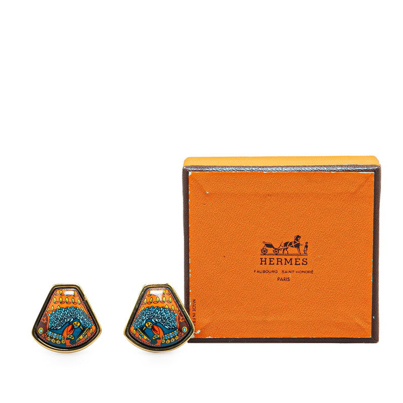 Hermes Enamel Earrings Gold Orange Multicolor