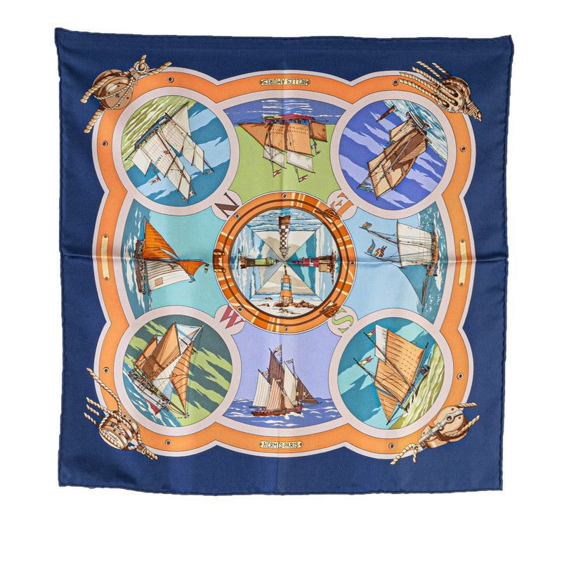 Hermes Silk Scarf Belles Amures Navy in Very Good Condition