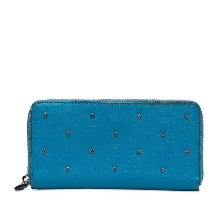 MCM Visetos Logo Studded Zip-Around Wallet Blue PVC in Very Good Condition