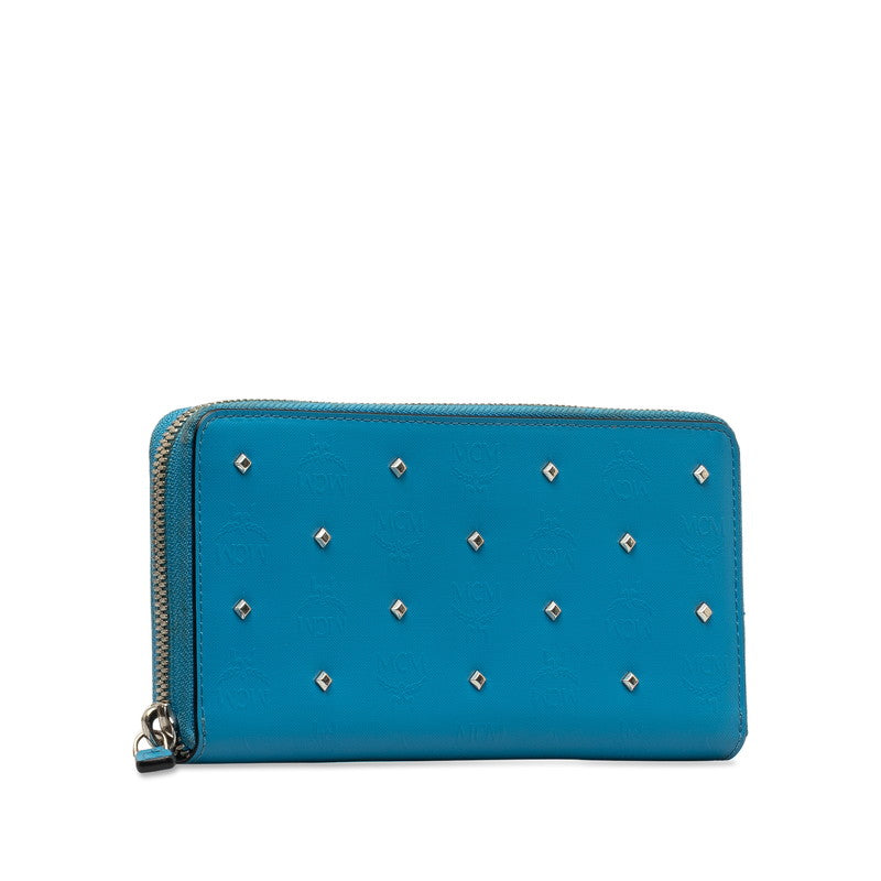 MCM Visetos Logo Studded Zip-Around Wallet Blue PVC in Very Good Condition