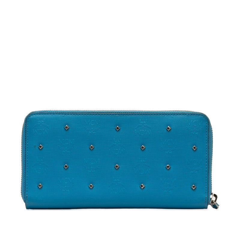 MCM Visetos Logo Studded Zip-Around Wallet Blue PVC in Very Good Condition