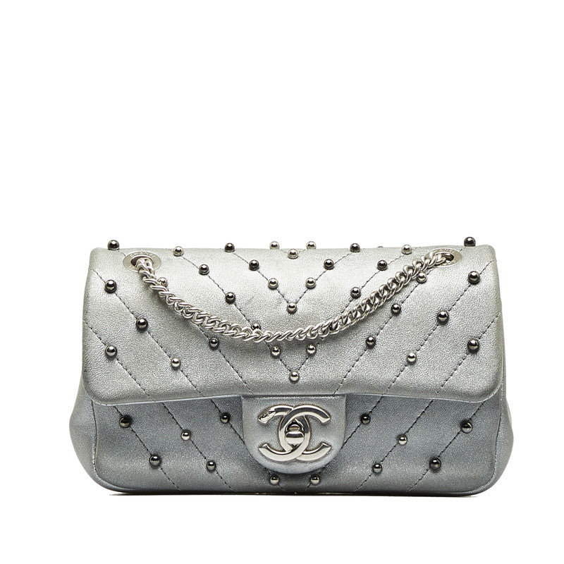 Chanel V-Stitch Coco Mark Studs Chain Shoulder Bag Leather