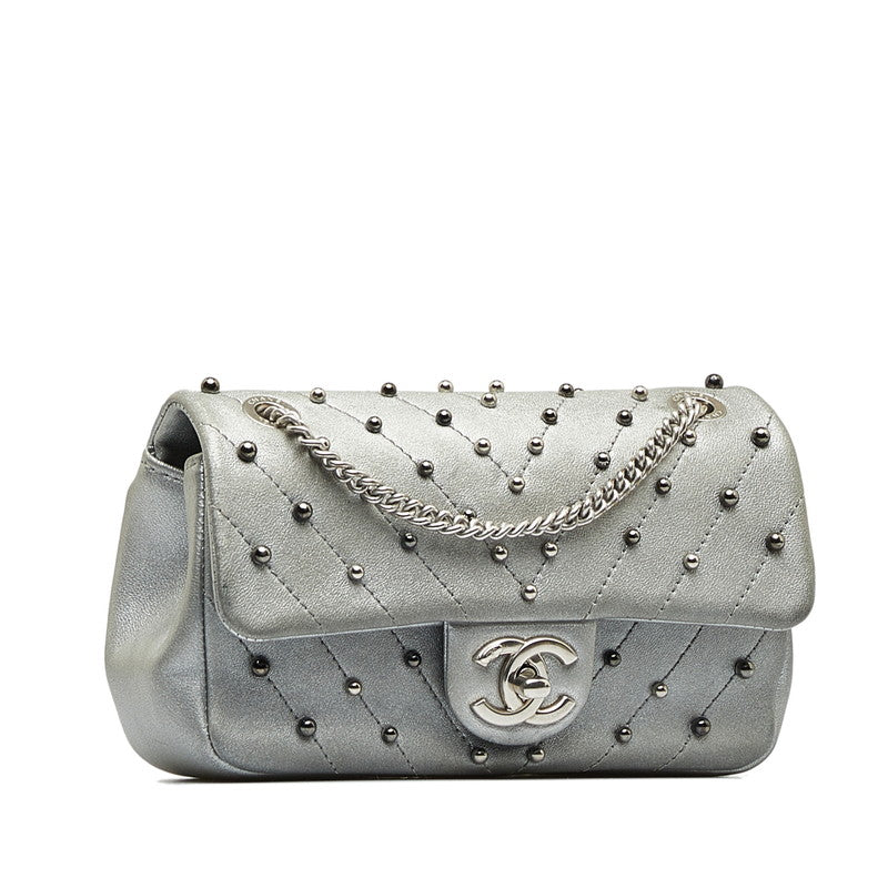 Chanel V-Stitch Coco Mark Studs Chain Shoulder Bag Leather