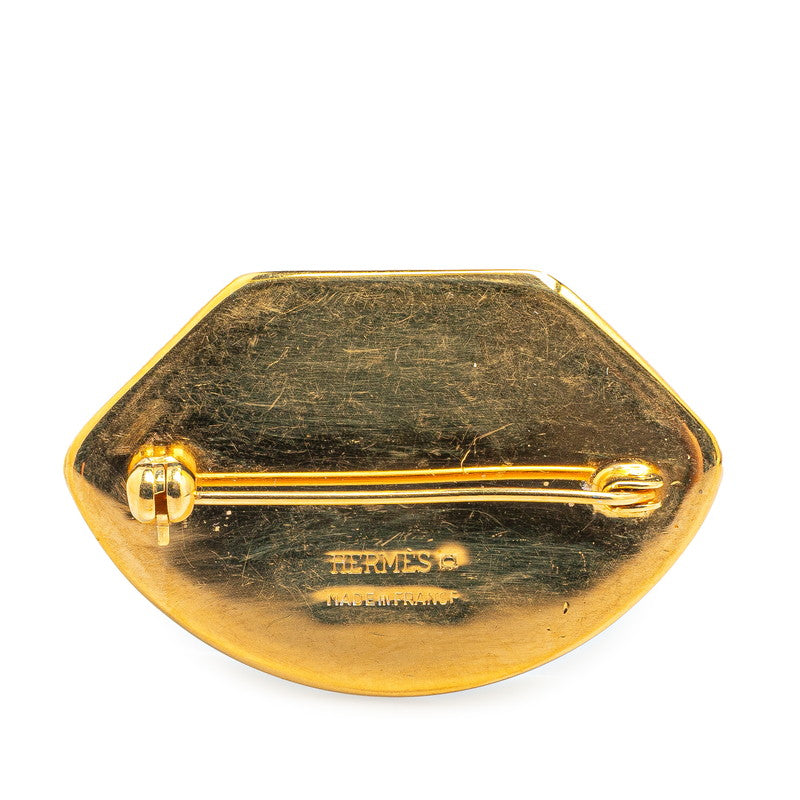 Hermes Enamel Belt Motif Brooch Gold Black