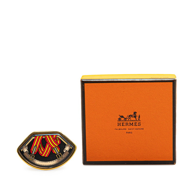 Hermes Enamel Belt Motif Brooch Gold Black