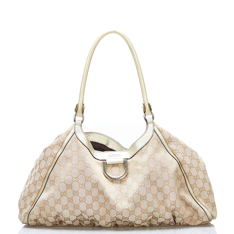 Gucci Gold GG Canvas & Leather D-ring Hobo Bag