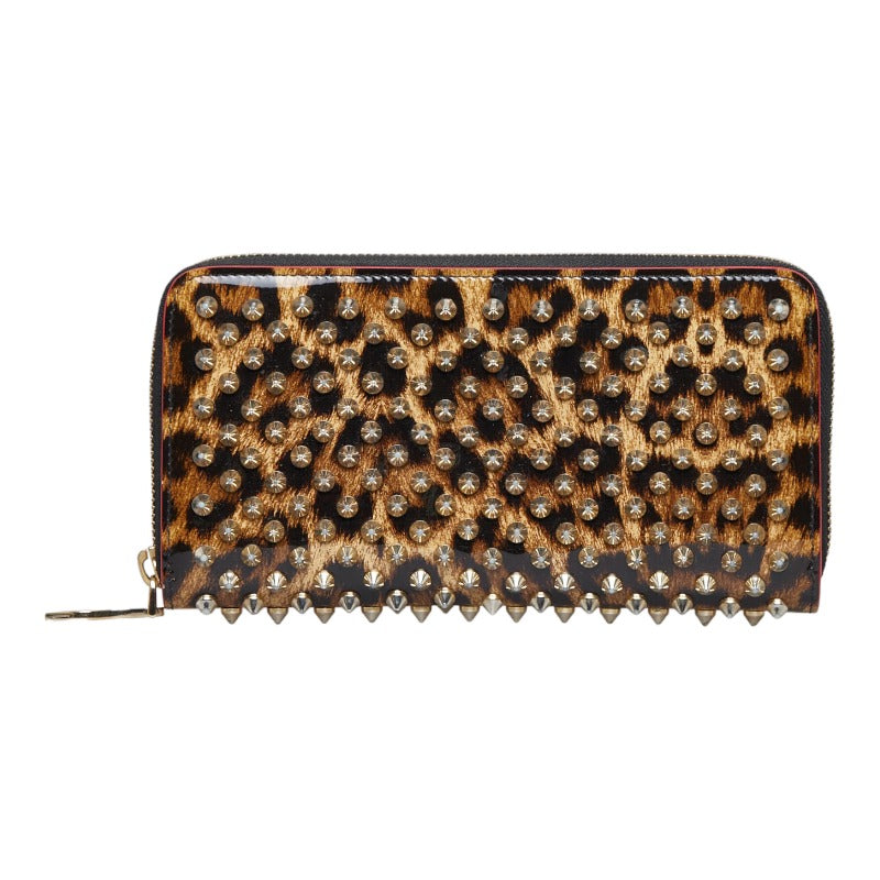 Leopard Print Studded Patent Leather Zip Wallet