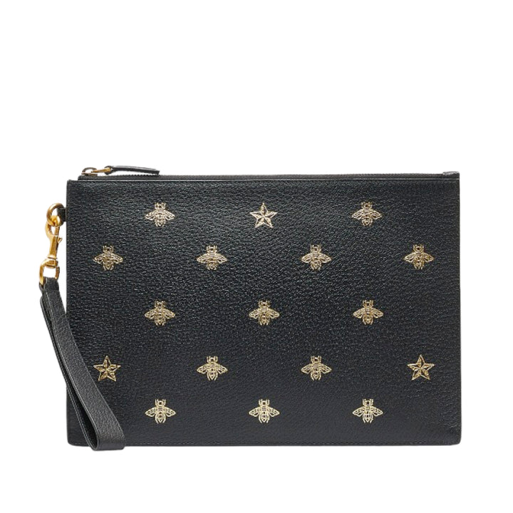 Leather Bees & Stars Print Large Clutch  495066