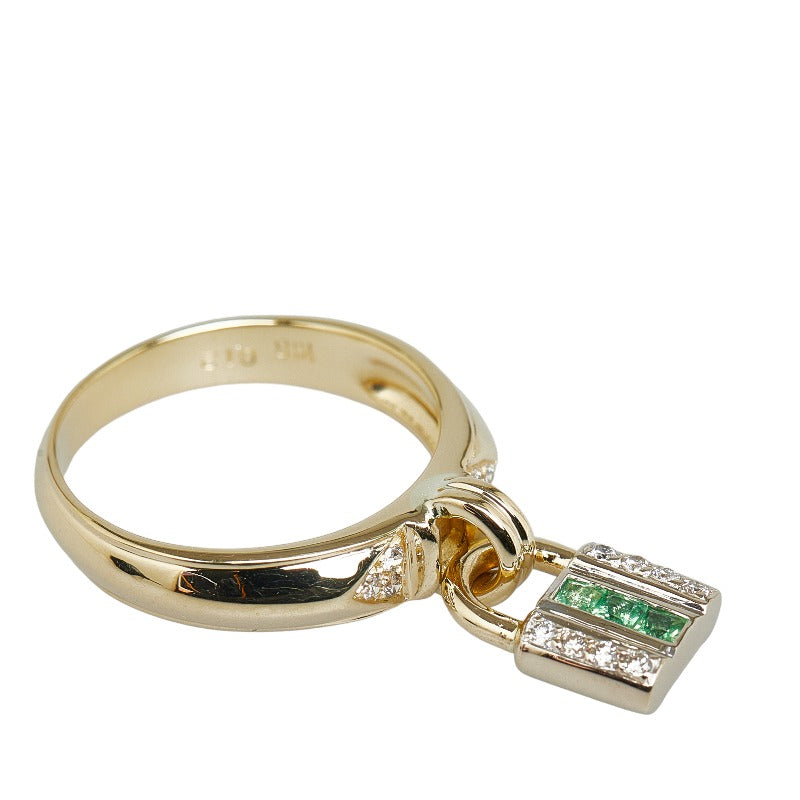 K18YG Yellow Gold Women's Ring with Green Garnet (0.12ct) and Diamonds (0.16ct) - Size 12, Padlock Design (Used)