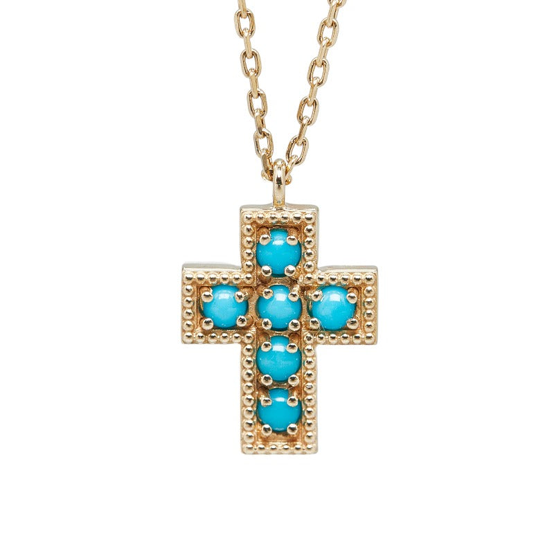 [LuxUness]  K10YG Yellow Gold Cross Necklace with Turquoise for Women (Used) Metal Necklace in Excellent condition