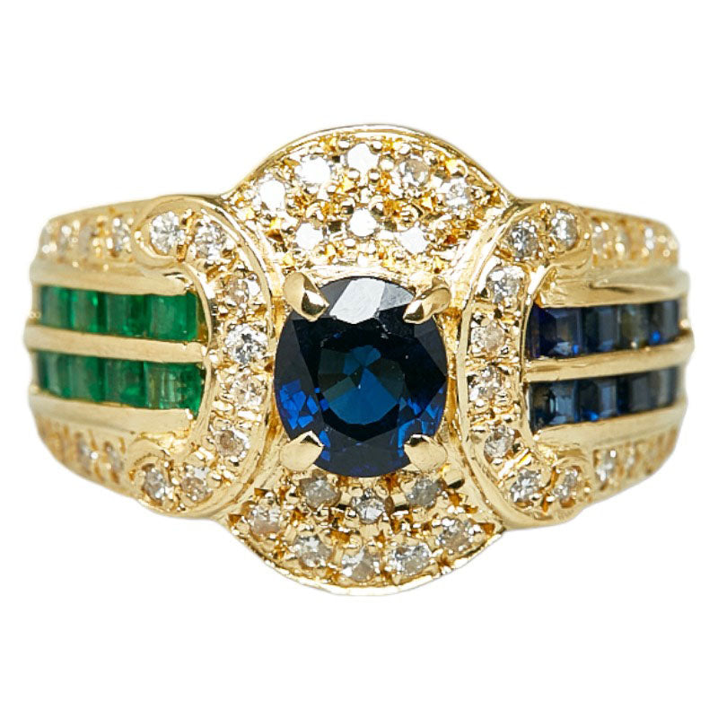 K18 Yellow Gold Ring with 0.34ct Diamond, 1.34ct Sapphire, and 0.30ct Emerald - Size 11.5 for Women