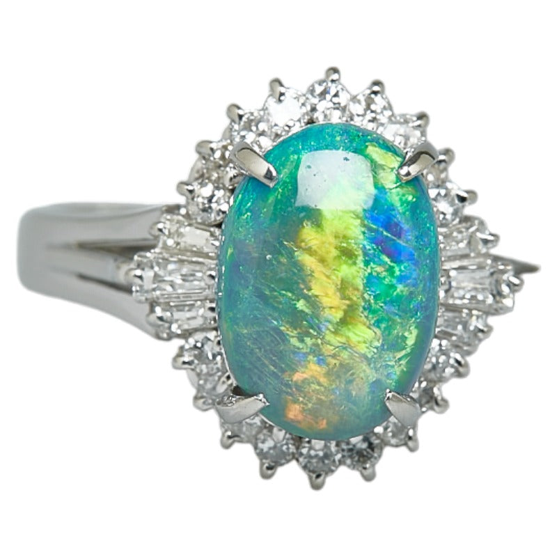 [LuxUness]  Pt900 Platinum Black Opal (2.58ct) and Diamond (0.44ct) Cabochon Ring - Size 16 for Women Metal Ring in